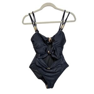 Black Cutout One Piece Swimsuit Gold Hardware Beaded Straps Ruched Medium